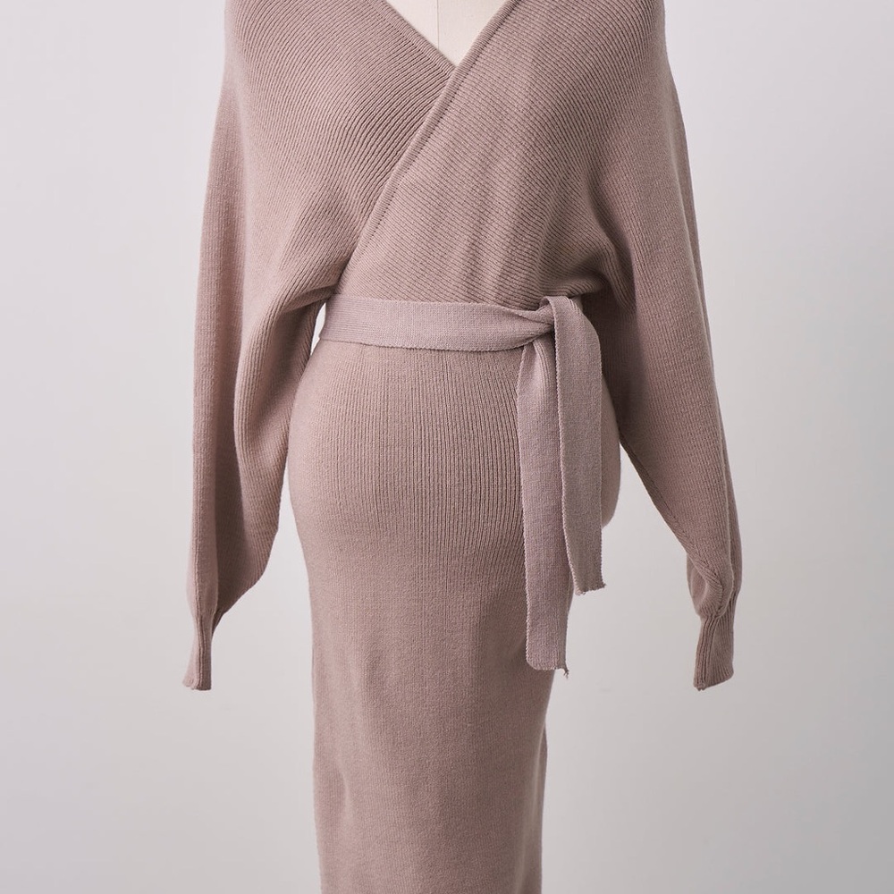 Stylish Taupe Knit Wrap sweater Dress